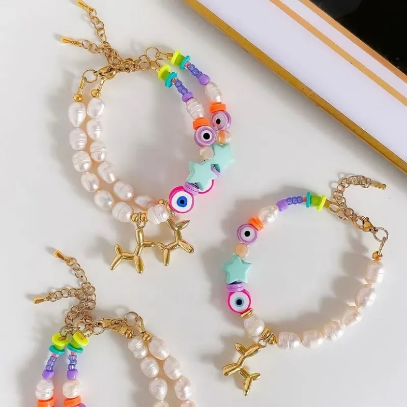 Beaded bracelet Pearl Polymer clay Five-pointed star Eye Adjustable Fashion Simple Hand knitting Bohemia Rice bead bracelet