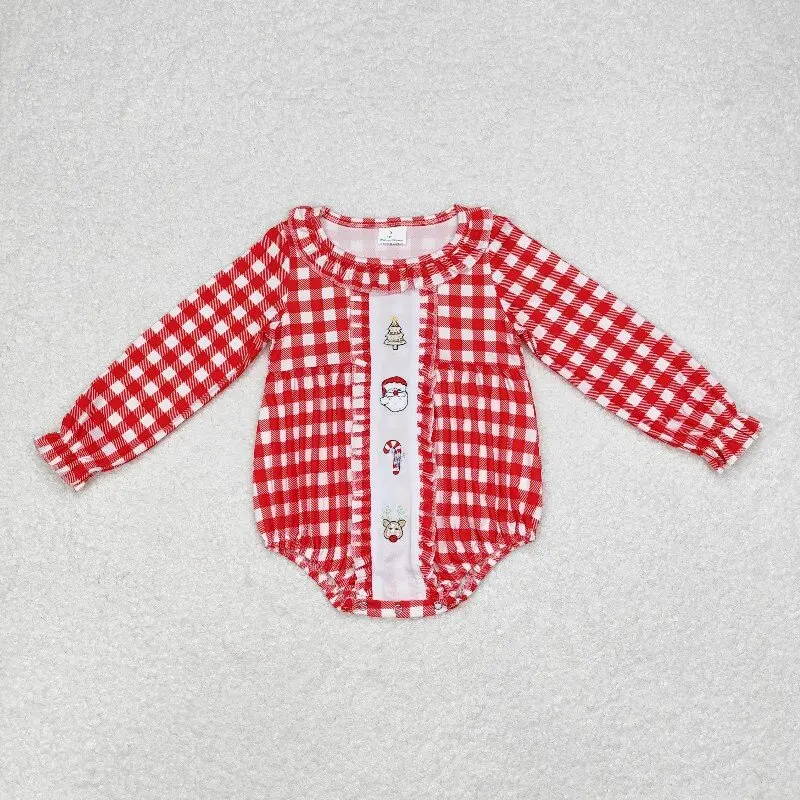 

8.18y Baby Girls' Embroidered Santa Claus & Deer Romper Red Plaid Lace Long Sleeve Onesie Wholesale Boutique New Arrival