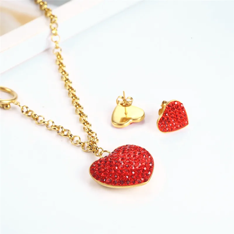 Cubic Zirconia Heart Necklace Set Stainless Steel Jewelry Heart LOVE Earrings For Women Fashion Jewellery Accessories image 3