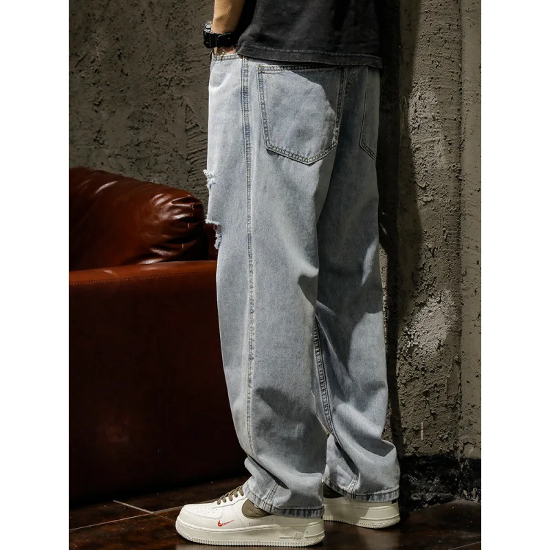 

Light Blue Washed Ripped Jeans MeninsTrendy High Street Draped Loose Straight Autumn Wide-Leg Korean Style Pants