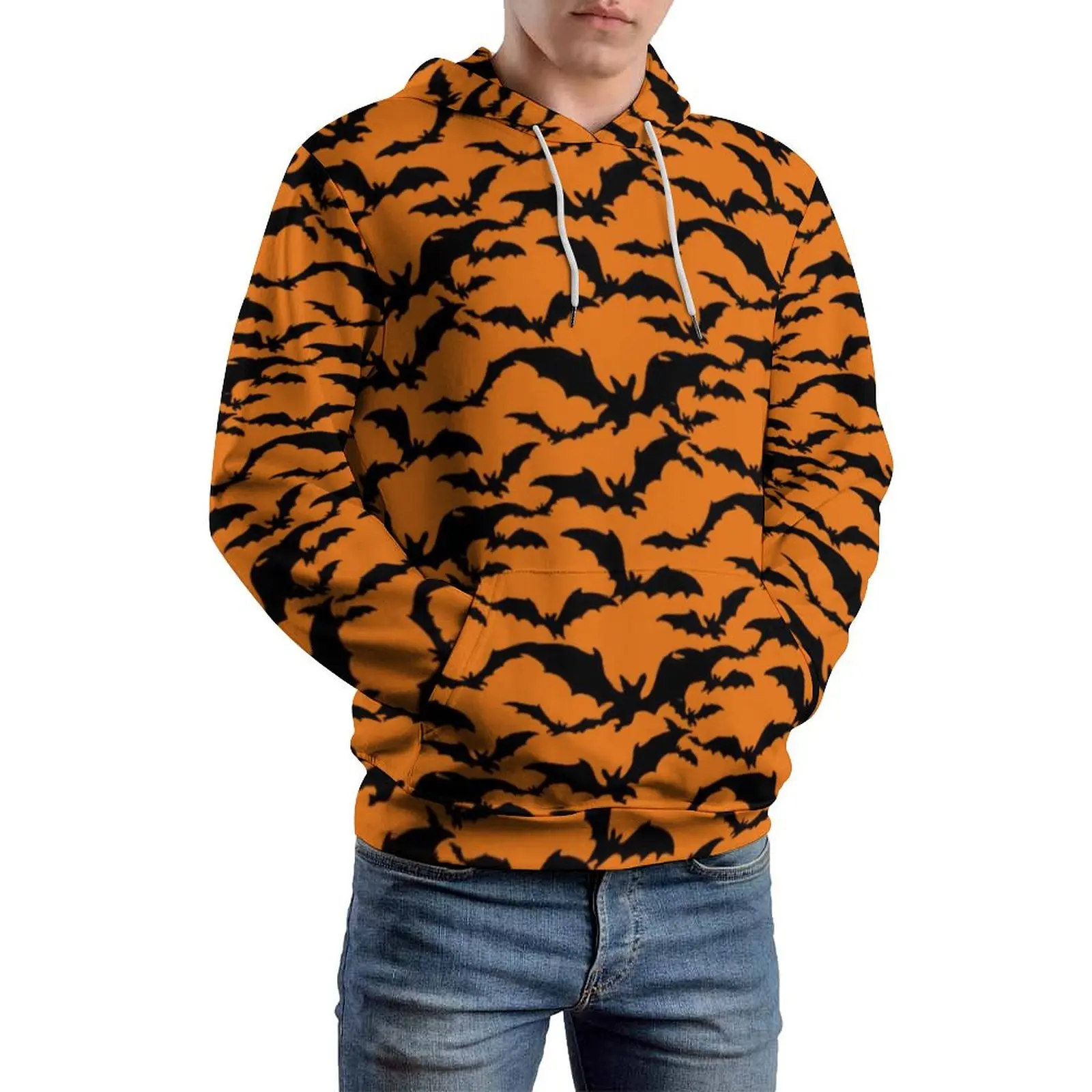 Halloween Print Loose Hoodies Black Bats Cute Hoodie Men Long-Sleeve Oversized Street Fashion Printed Clothes