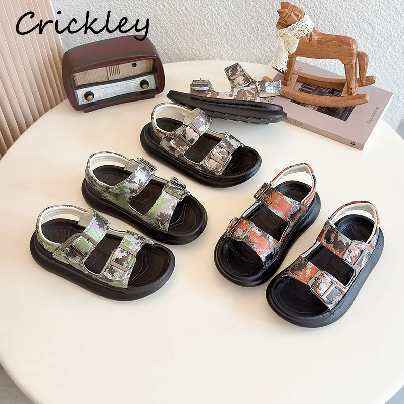 

Summer Camouflage Printed Kids Sandals PU Hook Loop Boys Girls Sandals Soft Anti Slip Toddler Children Beach Shoes
