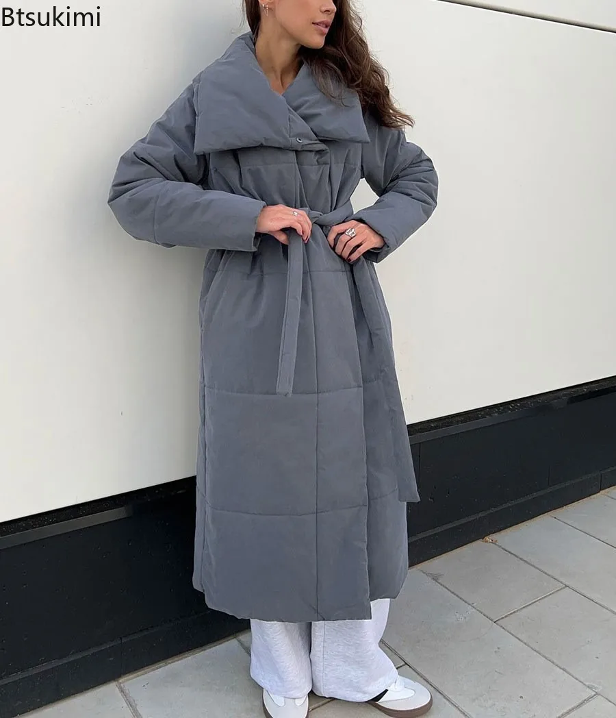 

Women Loose Quilted Jackets Parkas 2025 Winter Warm Coats Oversized Warm Long Belt Puffer Jackets Ladies Cotton Padded Jacket