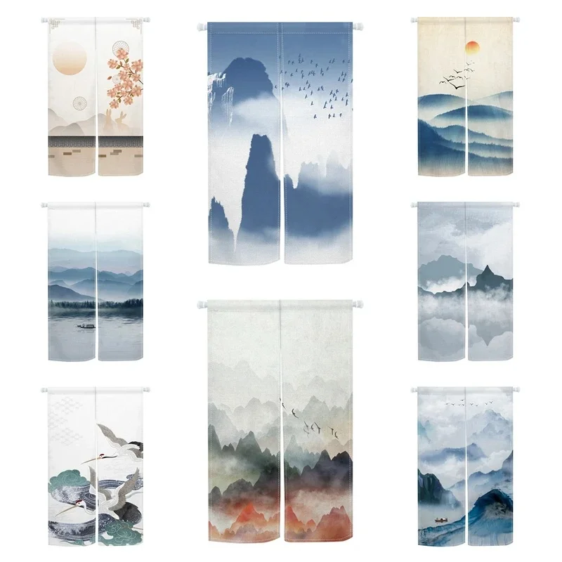 VIKAMA Traditional Chinese Door Curtain Linen Texture Ink Wash Mountain Scenery Floral Bird Noren Curtain for Tea Room