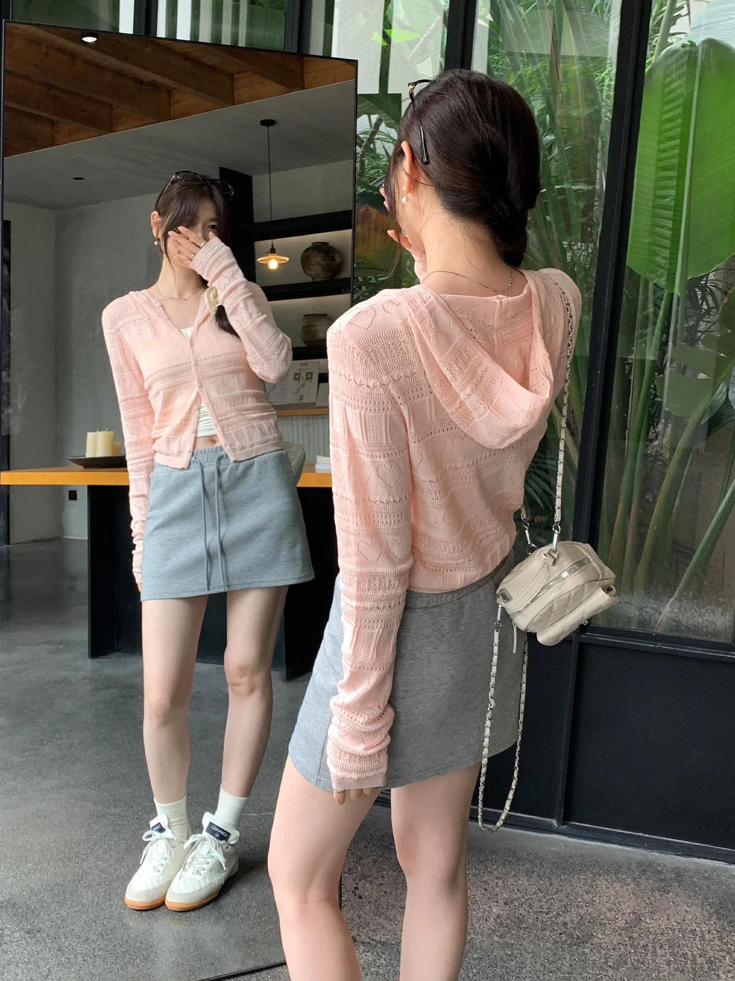 

Cute Pink Knitted Hat Design Sun Protection Cardigan Summer New Style 2026 Outerwear Top with Skirt Korean Style Straight Cut