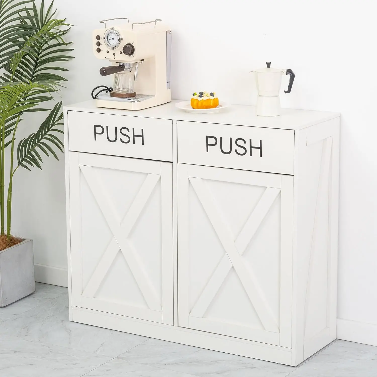 Double Trash Can Cabinet Kitchen Island Table, Hidden Garbage Hamper Storage Organizer With Push Design, Freestanding Wooden Pet Proof Waste Container Cupboard, Modern White Furniture
