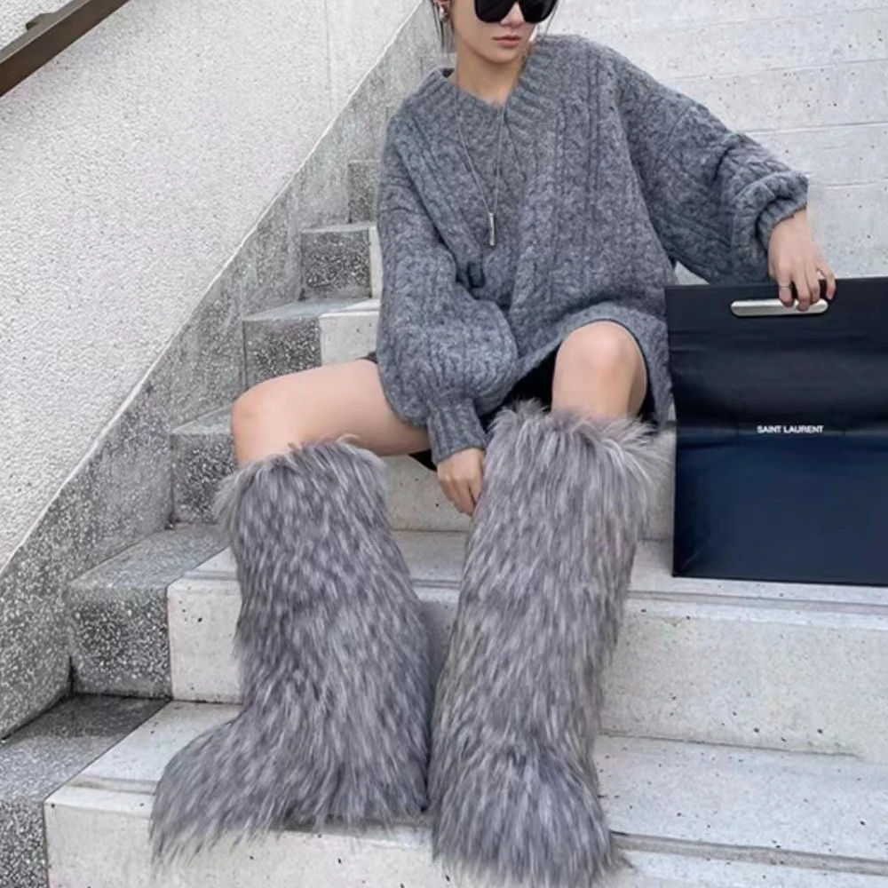 Women Winter Warm Fluffy Knee High Faux Fur Snow Boots Solid Platform Round Toe Women Boots Luxury Designer Fashion Fur Boots