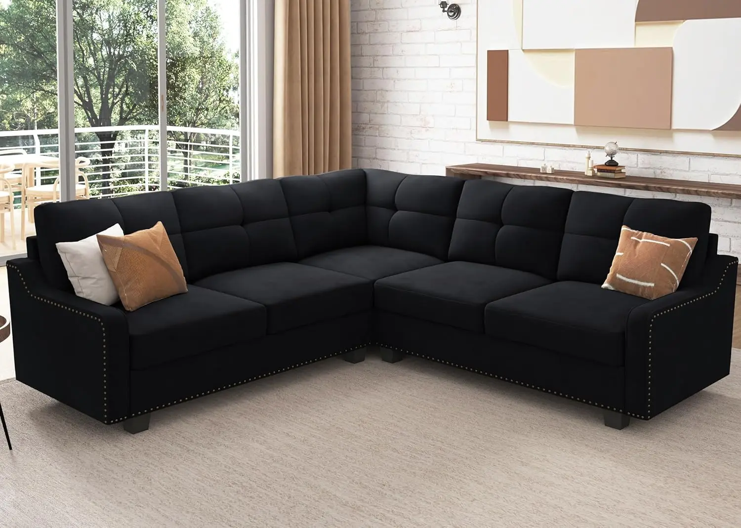 Convertible Sectional Sofa L Shaped Couch for Small Apartment Reversible Sectional Couch for Living Room Velvet Black