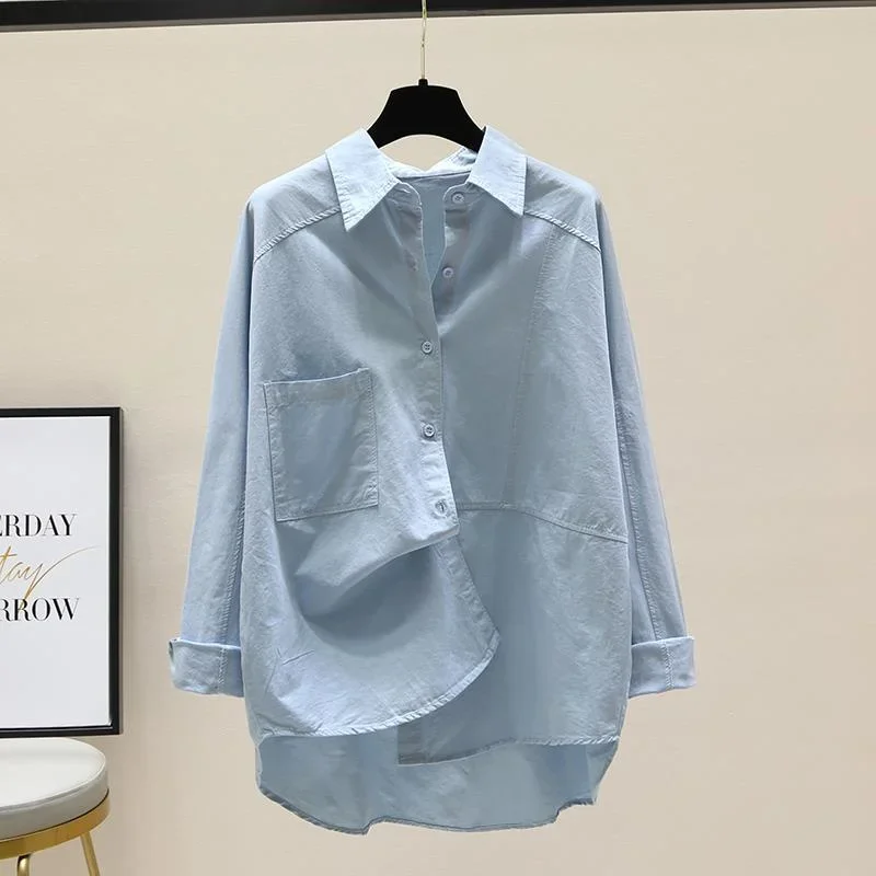 

Spring Summer New Commuting Paul Collar Loose Shirt Women Relaxed Thin Casual All Solid Color Shirt Tops JJ511