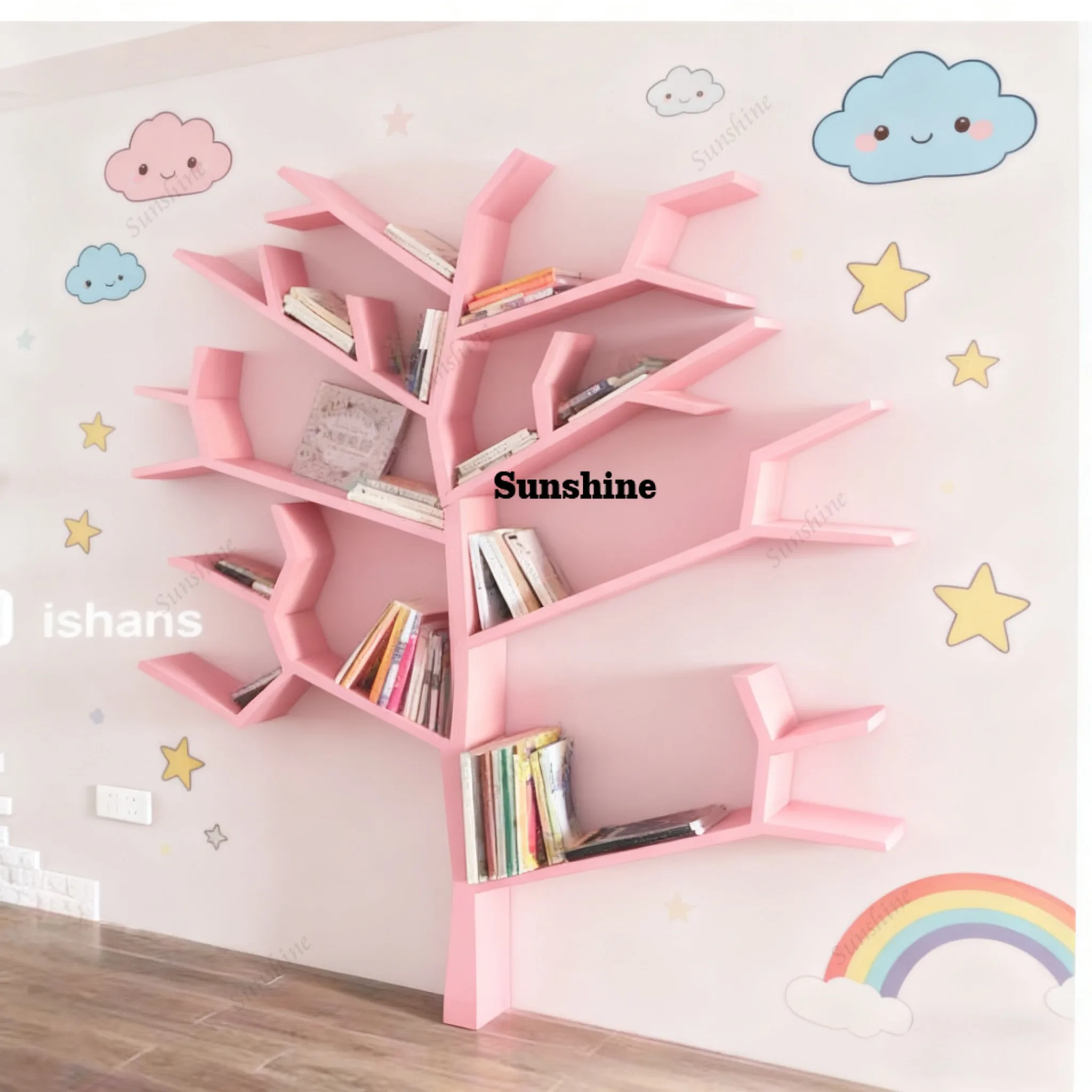 Kindergarten children's bookshelf solid wood TV background wall decorative shelf