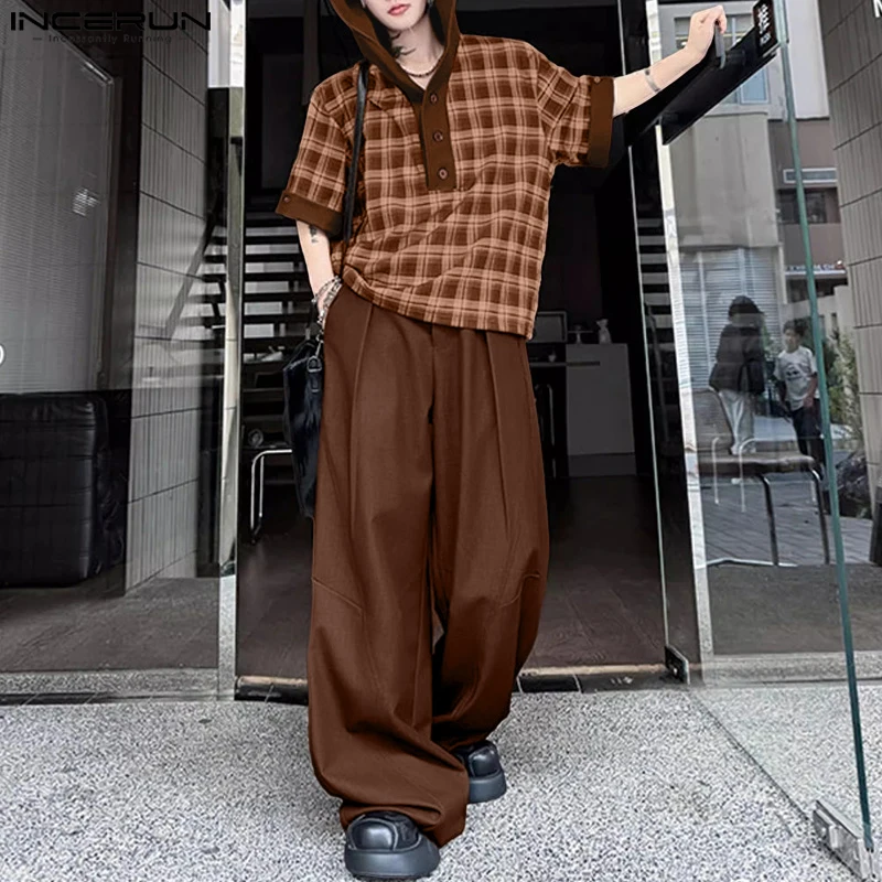 INCERUN Men Sets Plaid Patchwork Hooded Short Sleeve Hoodies & Pants Two Pieces Sets Streetwear 2025 Fashion Loose Men's Suits