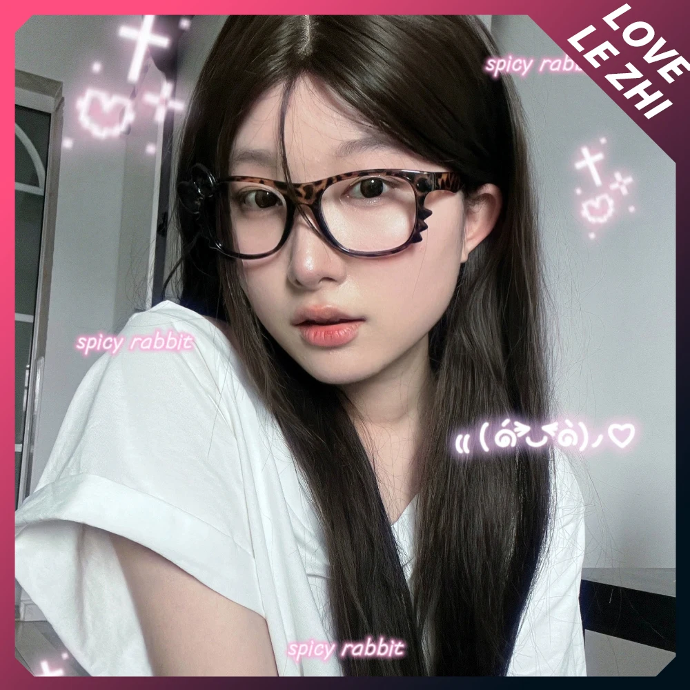 Y2K Fashion Leopard Print Bow Spice Girl Glasses Fashion Vintage Cartoon Large Oval Frame Eyeglasses Without Lenses Glasses