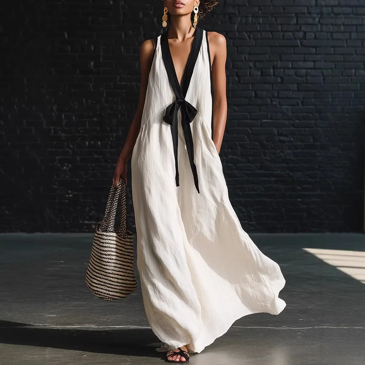 

Summer Color Blocked Women's Robe Fashion Lace Up Design Loose Dresses With Pockets Ladies Sexy Deep V-neck Sleeveless Vestidos