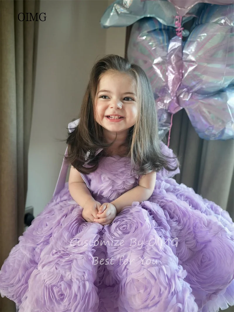 OIMG Fairy Lavender A Line 3D Flower Girl Dress Big Bow Back Birthday Wedding Gowns Tea Length Party Dress فساتين بنا Customized