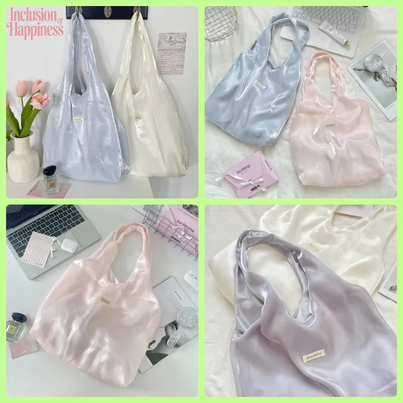 Gentle Feminine Fairy Satin Tote Bag Large Capacity Shoulder Handbag Casual Underarm Bag For Girls Daily Use Shopping Travel