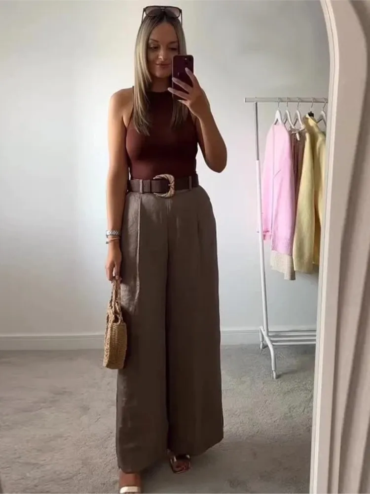 HipSeam Women Satin Trousers With Belt Spring Summer Simple Women's Pants Versatile Female Loose Pants Pocket Wide Leg Pants image 6