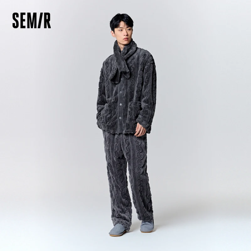 Semir Pajamas Men Soft Warm Loose Scarf Included Wearable Outside Skin-Friendly Comfortable Long Sleeve Long Pants Fluffy Set