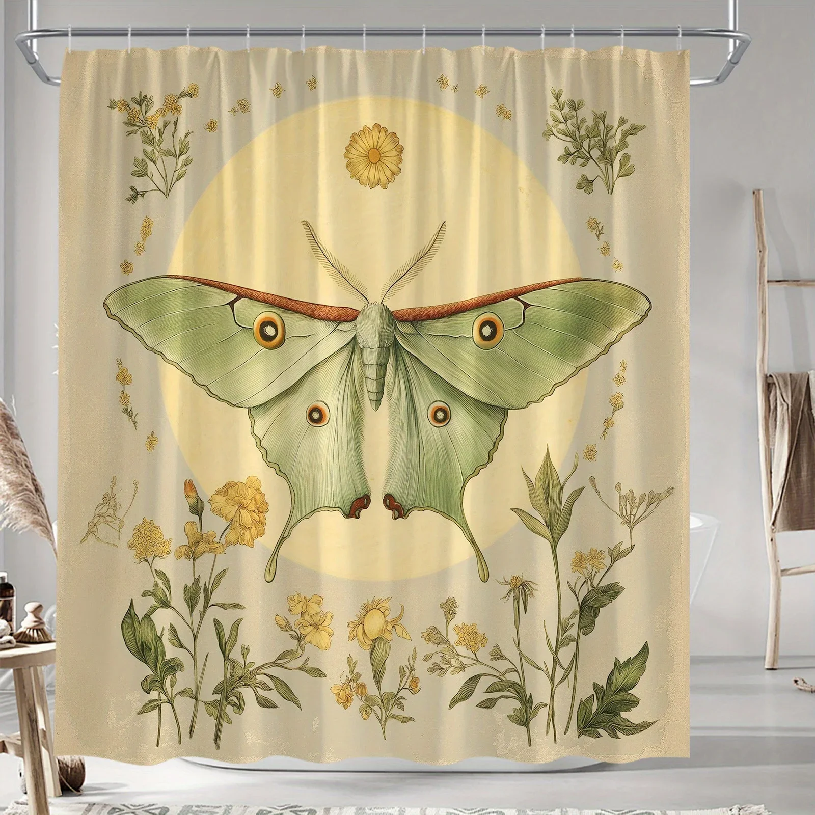 

Винтажная занавеска для душа в ботаническом стиле — бледно-зеленый мотыль с красными и оранжевыми узорами, ромашками и календулами, землистые оттенки