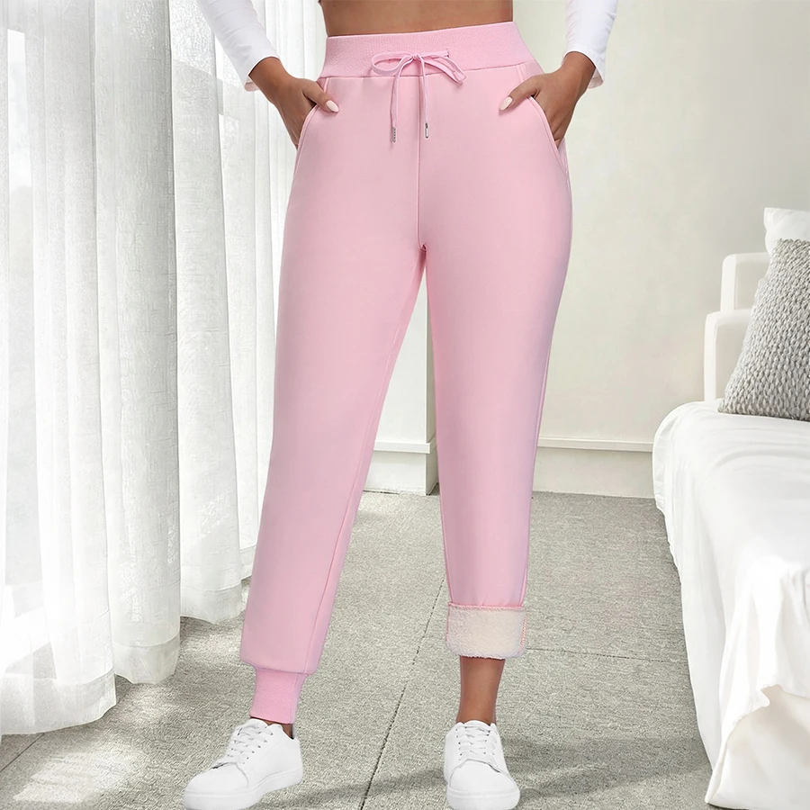 Thick Fleece Sweatpants for Women with Pockets Drawstring Elastic Waist Autumn Winter Thermal Trousers Casual Jogging Pants