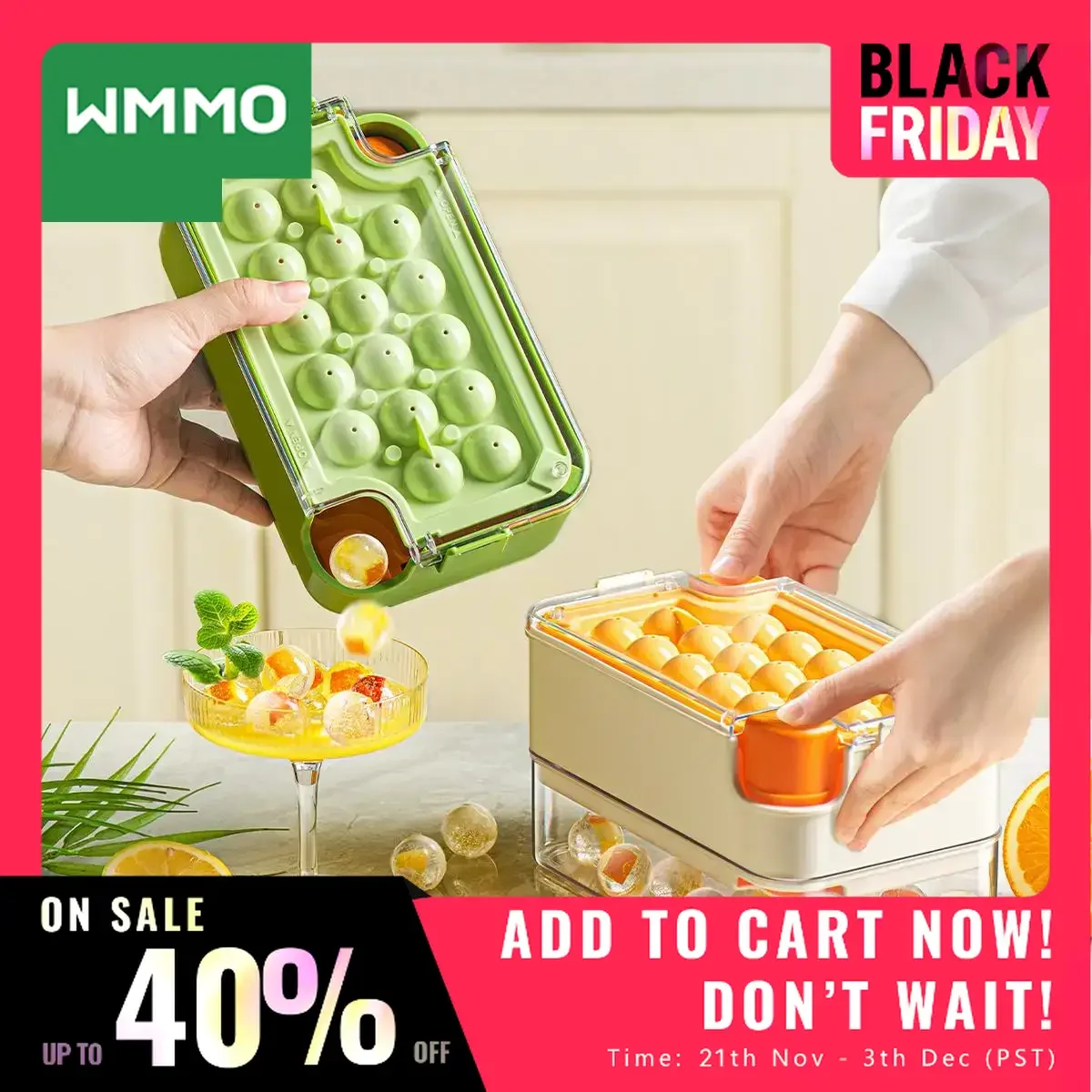 WMMO Summer Ice Cube Trays, Plastic Storage Box, Easy Release,Convenient Storage,Double Layer Silicone Ice Ball Molds With Lid