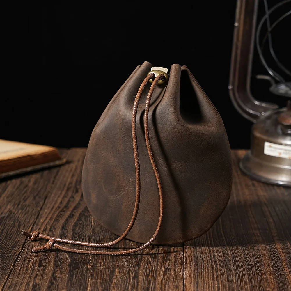 Portable Leather Drawstring Pouch Retro Nordic Style Jewelry Storage Bag Genuine Leather Earphone Storage Case