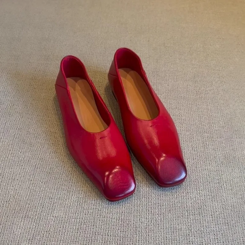 Women Bright Red Genuine Leather Flat Shoes Retro Square Toe Slip On Ballet Flats Minimalist Daily Commute Walking Shoes Leisure