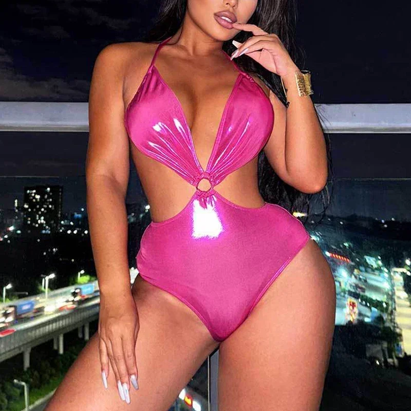 

2024 сексуальное розово-красное блестящее женское бикини, цельный купальник, высокая талия, глубокий V-образный вырез, бретель на подтяжках, открытая спина, однотонный цвет, купальник через плечо