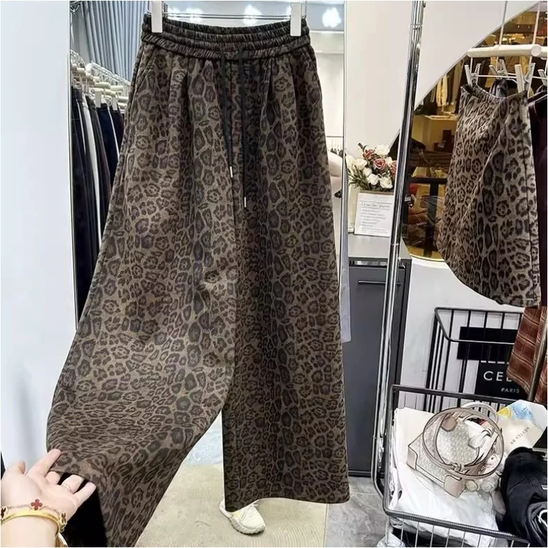 

plus Size 300 Pou American Retro Leopard Print Wide Leg Pants Men's Casual Straight Snake Skin Pattern Autumn Winter Trousers