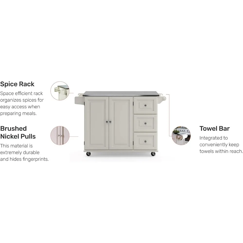 Kitchen Cart with Stainless Steel Metal Top Rolling Mobile Kitchen Island with Storage and Towel Rack 54 Inch Width Off White