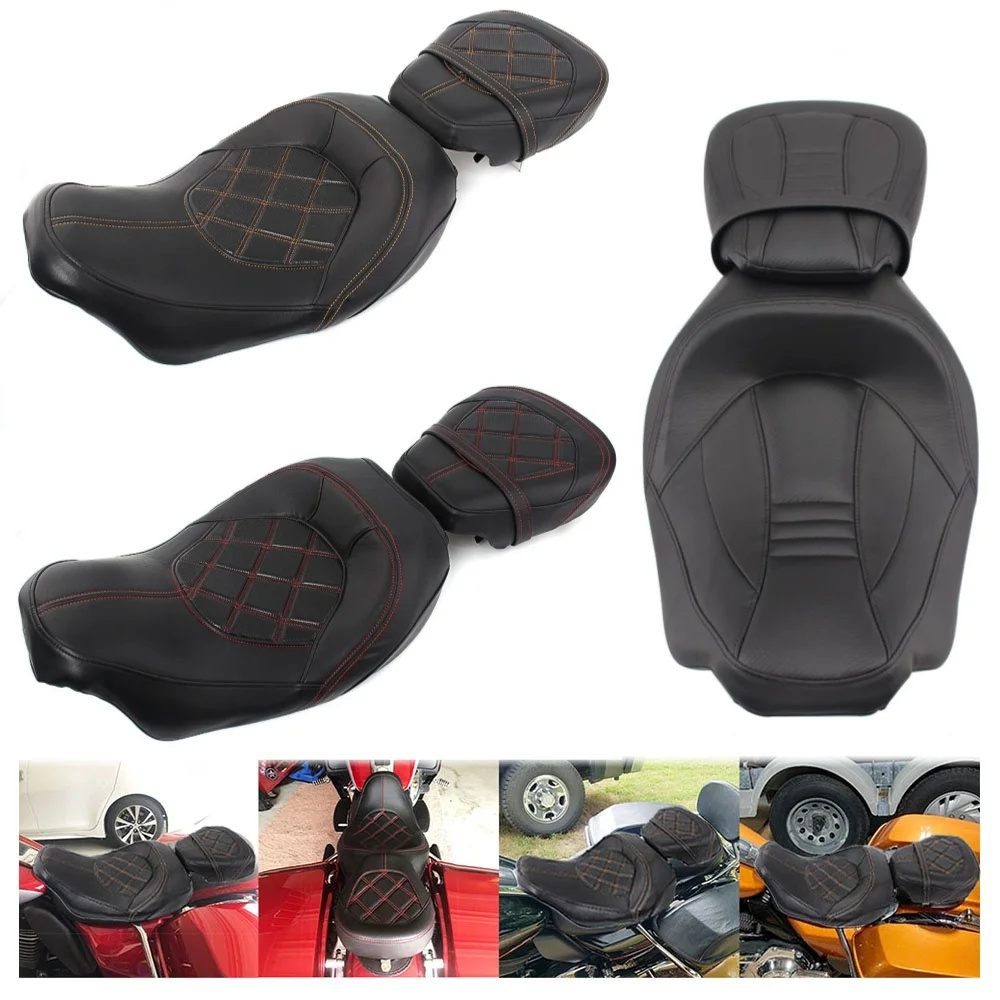 Motorcycle 2 Pieces Two-Up Driver Passenger Low Profile PU Leather Seat For Harley Touring CVO Street Electra Glide FLHR 2009-13