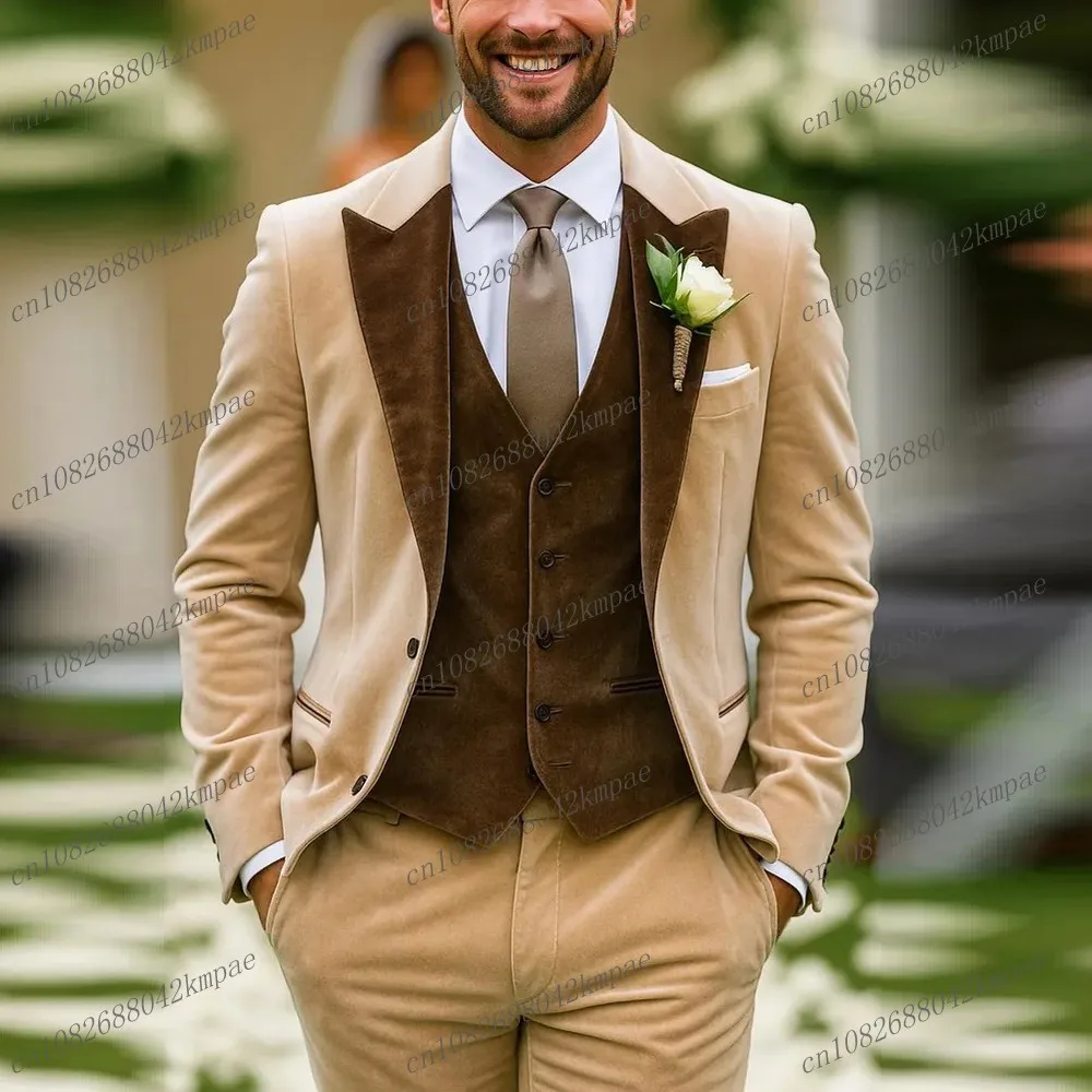 

New Velvet Beige Brown Men Suit Formal Business Groom Groomsman Wedding Party Prom Male Tuxedos 3 Piece Set Blazer Vest Pants
