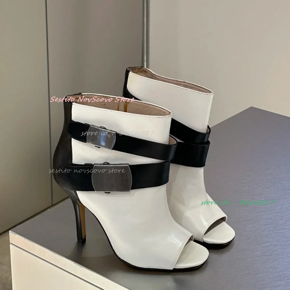 

Peep Toe Ankle Boots Belt Buckle Decor Stiletto High Heels Short Booties Mixed Color Sewing Sexy Women Classic Daily Shoes