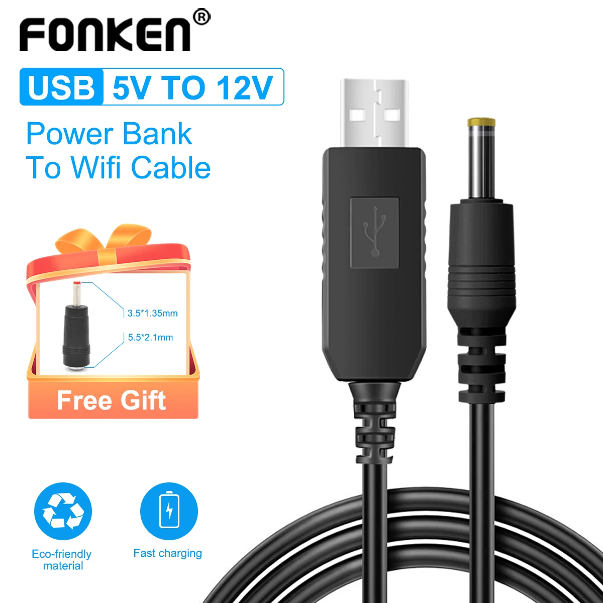 Fonken WiFi-Powerbank 케이블 커넥터 DC 5V ~ 12V USB 케이블 부스트 컨버터 Wifi 라우터 모뎀 팬 스피커 용 스텝 업 코드 