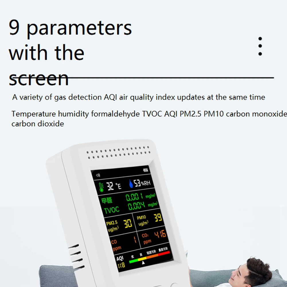 9-in-1-Luftqualitätsdetektor, LCD-Display, PM2,5, PM10, HCHO, TVOC, CO, CO2, Temperatur, Luftfeuchtigkeit, Luftqualitätsmonitor