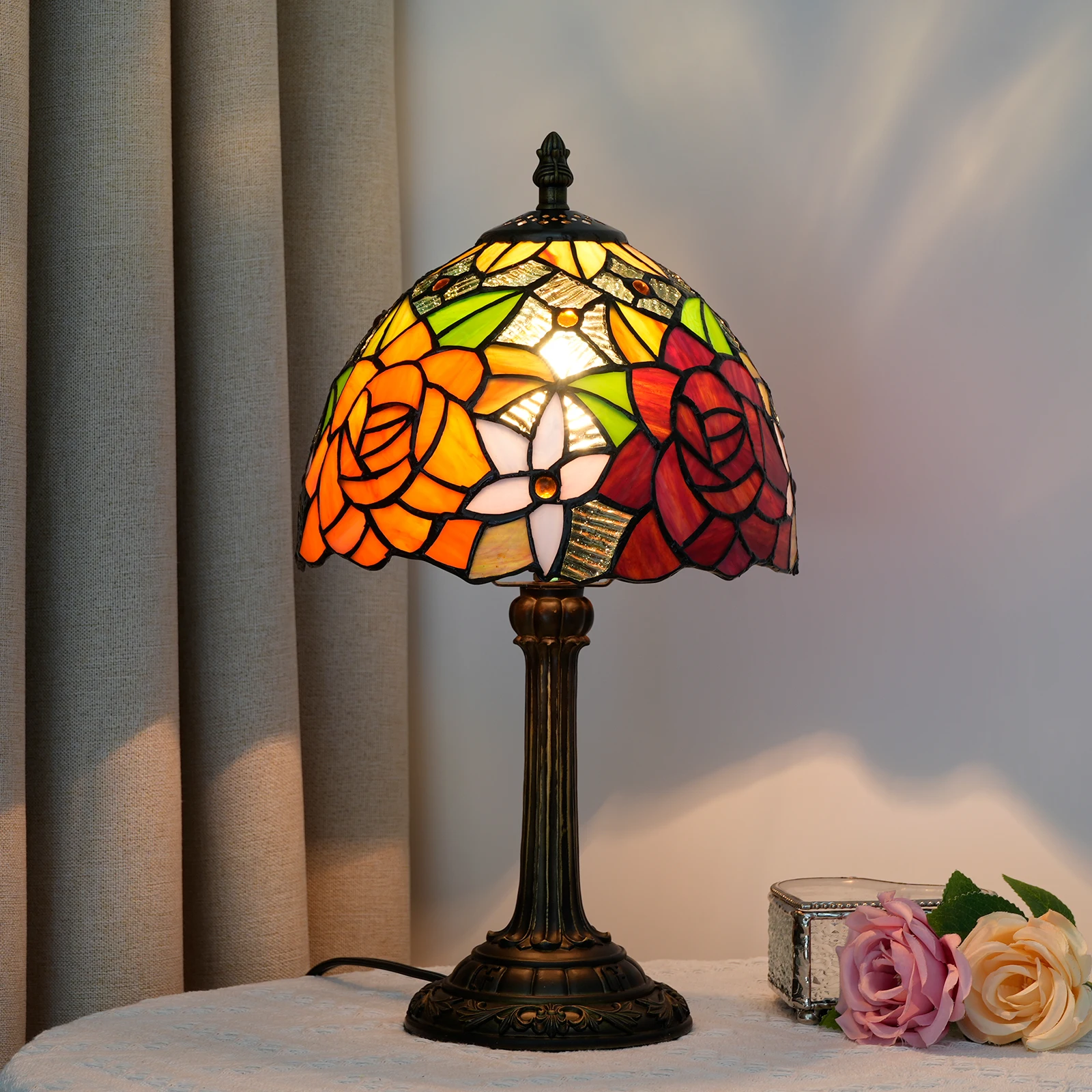 Mooie vintage stijl tafellamp meerkleurig vintage nachtkastje bureaulamp 8 inch breed leeslampje decor