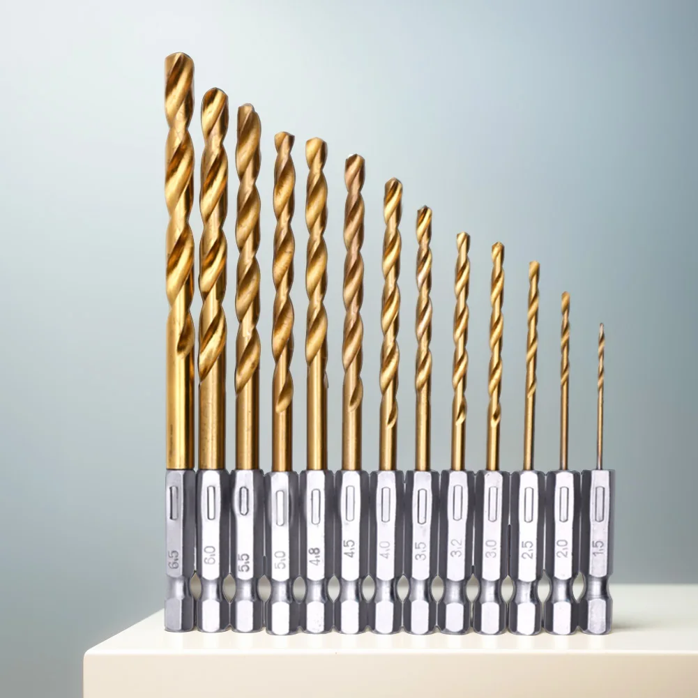13 punte da trapano con codolo esagonale da 1/4 di pollice Punte da trapano esagonali elicoidali in titanio Design a cambio rapido 13 pezzi Set di punte esagonali da 1/4 di pollice da 1,5-6,5 mm