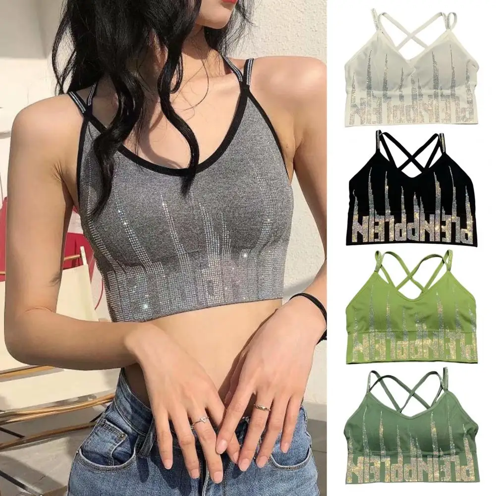 Women Blouse with Chest Pad Tank Top with Chest Pad Rhinestone-embellished Padded Sports Bra with Back Tank for Yoga for Women
