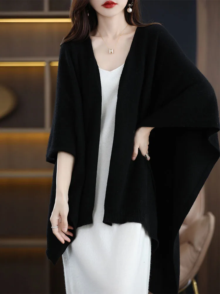 Women\'s Medium-Length Wool Cloak, Sleeveless Shawl, Cashmere Cape, Korean Version, Casual, Spring, Autumn, High-Quality