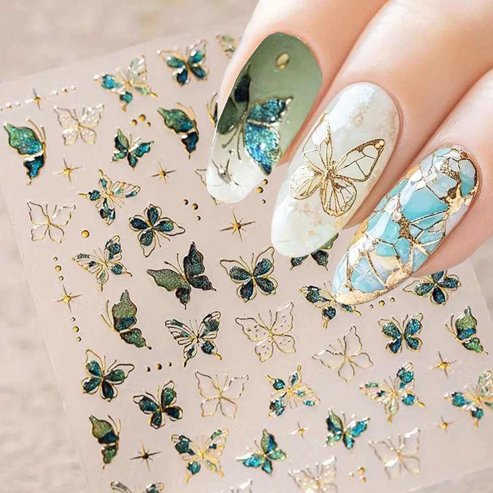 5D Bronzing Vlinder Nail Art Stickers Jelly Reliëf Gouden Holle Vlinder Vleugel Starburst Nail Decals Luxe Nageldecoraties