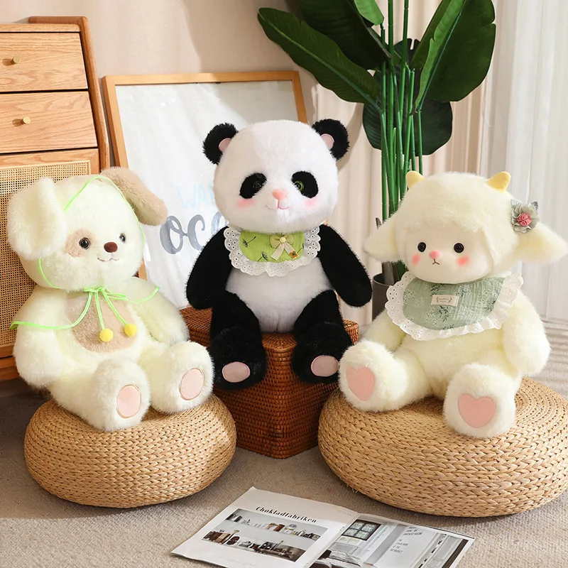 New Cartoon Panda Dog Sheep With Scarf Bib Plush Toys Pillow Soft Stuffed Animal Babys Accompany Dolls for Girls Kids Gifts Deco