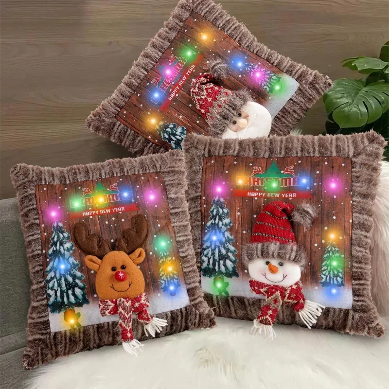 LED Luminescence Christmas Pillow Covers Decorative Cartoon Patchwork Plush Cushion Cover Home Decor Christmas Cushions for Sofa