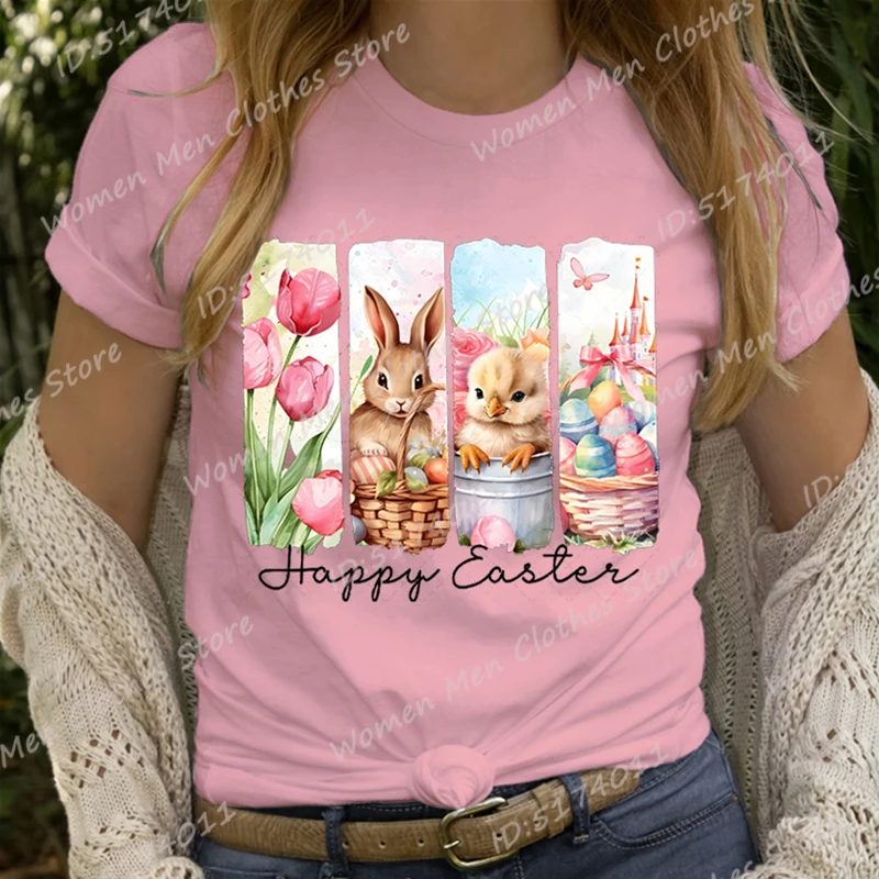 

Cute Bunny & Flower Happy Easter Print T-Shirts Women Short Sleeve Funny Round Neck Tee Shirt Casual Summer Solid Color T Shirts