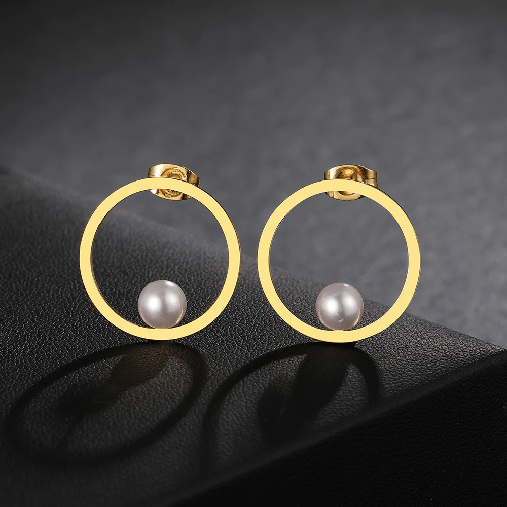 Stainless Steel Earrings Geometric Large Circle Fashion Pearl Stud Earrings For Women Jewelry Luxury Party Girls Unusual Gifts