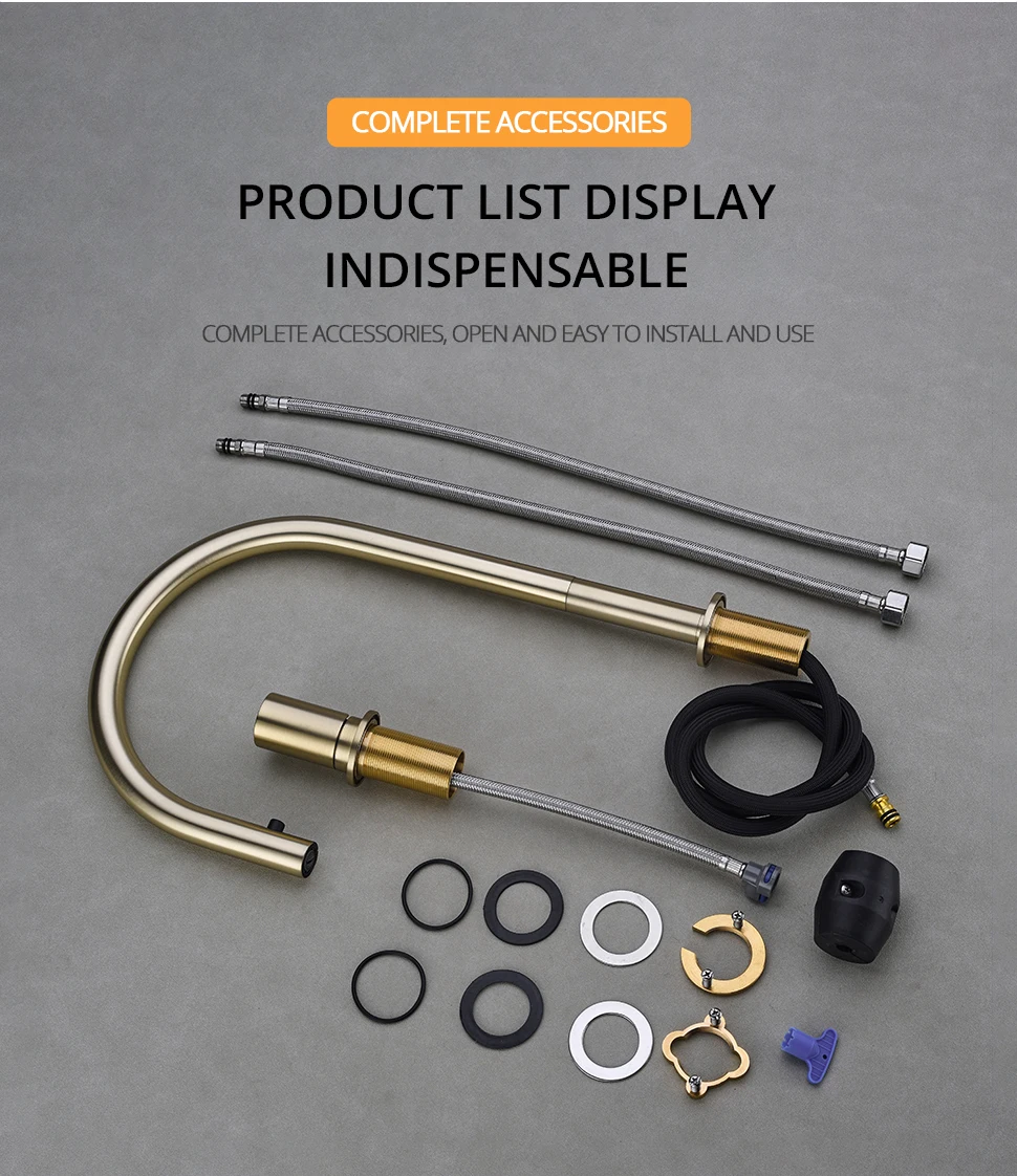 Brushed Gold Kitchen Faucet Invisible Pull Out Spray Mixer Double Hole Single Handle Solid Brass Hot and Cold Separate Sink Tap