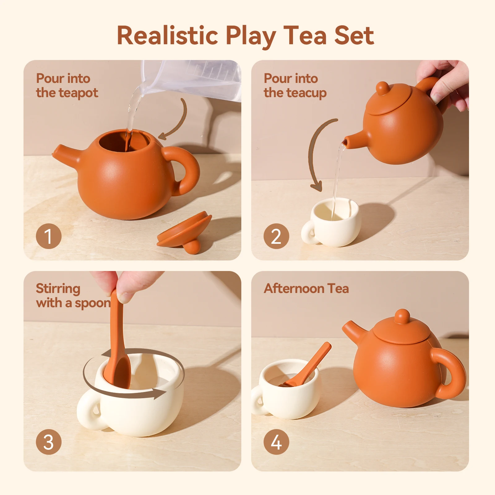 Free Custom Silicone Tea Set for Age 1-3 Kids, 6Pcs Teapot Cups Coasters Carrying Scoop, Kitchen Accessories Pretend Play Gifts