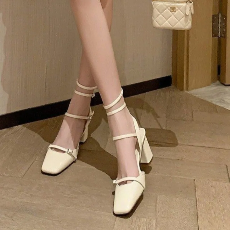 Women summer new style PUleather fashion square toe design solid color sandals2024daily casual walking shopping women high heels