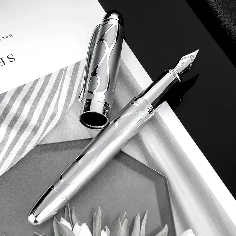 New HongDian Printing Stainless Steel Fountain Pen Fine Nib Retro Silver Student Office Practice Supply Writing Pens Stationery