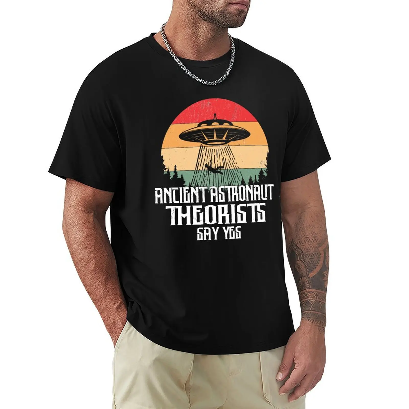 Ancient Astronaut Theorist Say Yes Distressed Funny UFO T-Shirt Fashion Graphic Tee for Men