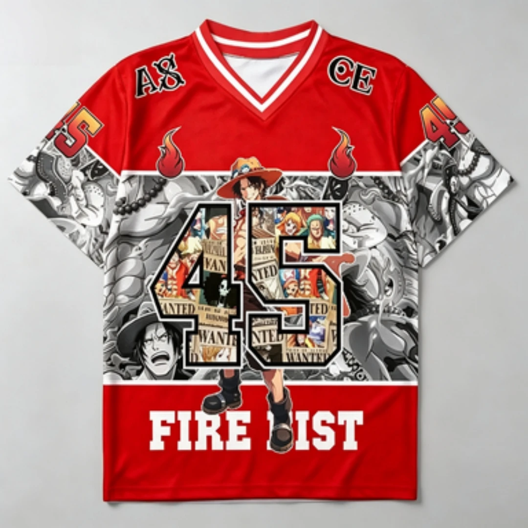One Piece Ace Red and White Striped V-neck Breathable Mesh Fire Fist Ace 45 Wanted Poster Printed Sports and Leisure Loose Shirt