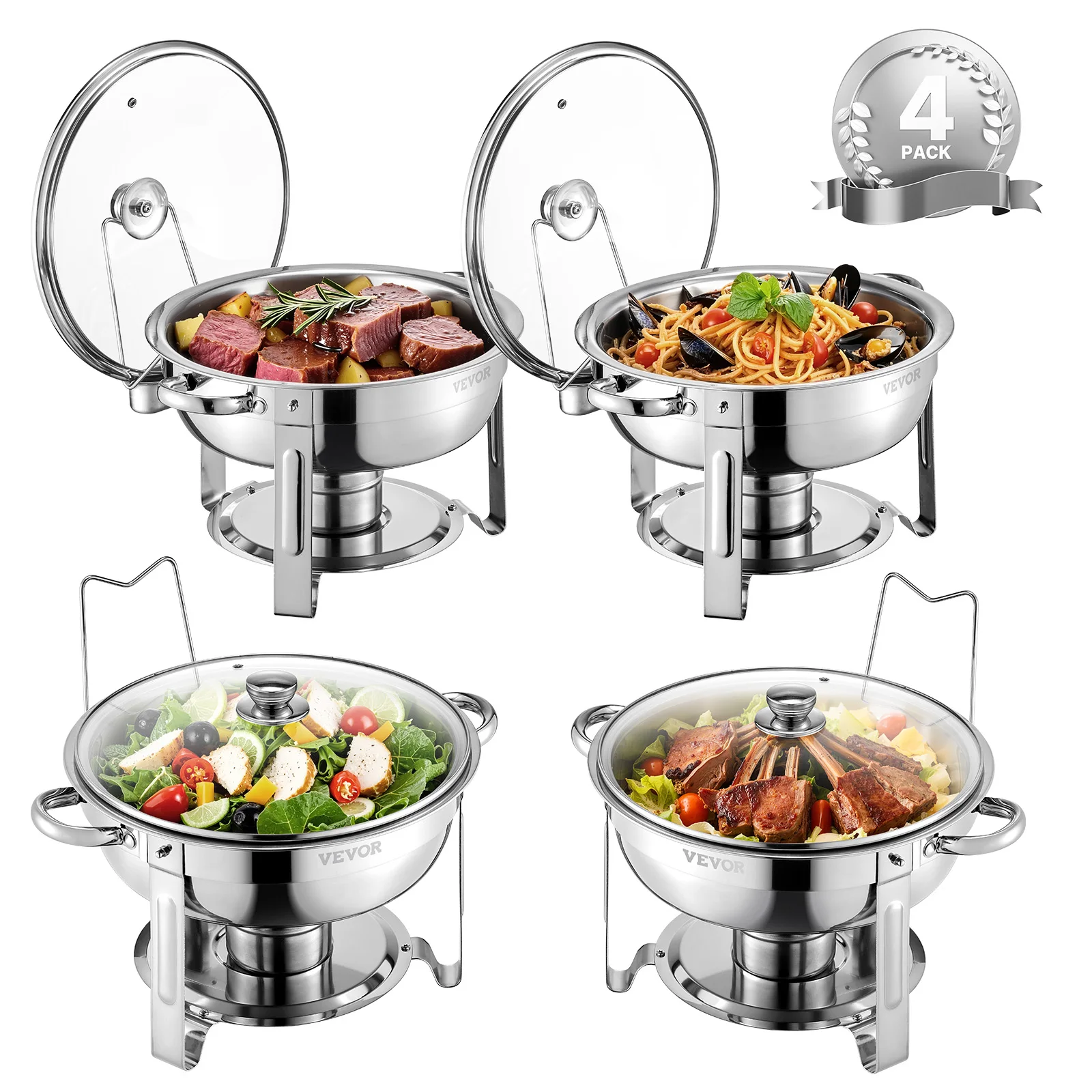 SucceBuy 5 Qt 4 Pack réchaud Buffet ensemble chafer en acier inoxydable avec 4 casseroles pleine taille ronde serveur chauffant de restauration pour fête